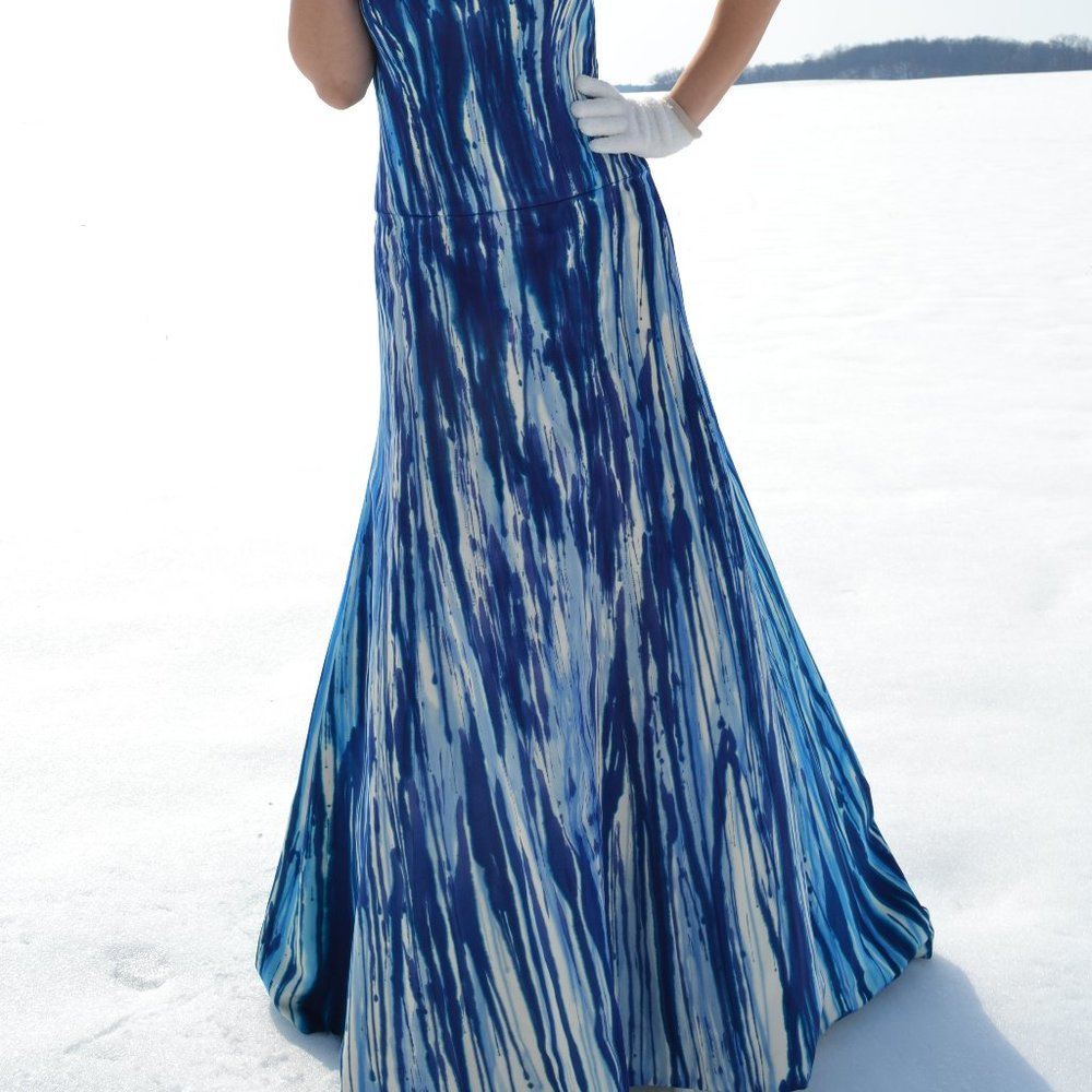 NEW silk Monique Lhuillier painted couture Wedding Dress white blue ivory tiedye - Picture 2 of 16